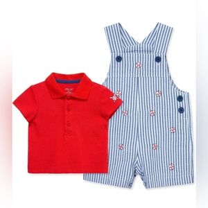 Little Me Red Polo and Blue Striped Baseball Overalls Set
